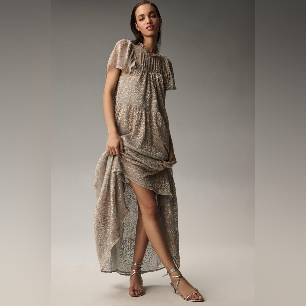 NWT Anthropologie Neutral Sparkle Maxi Dress in Taupe/Cream